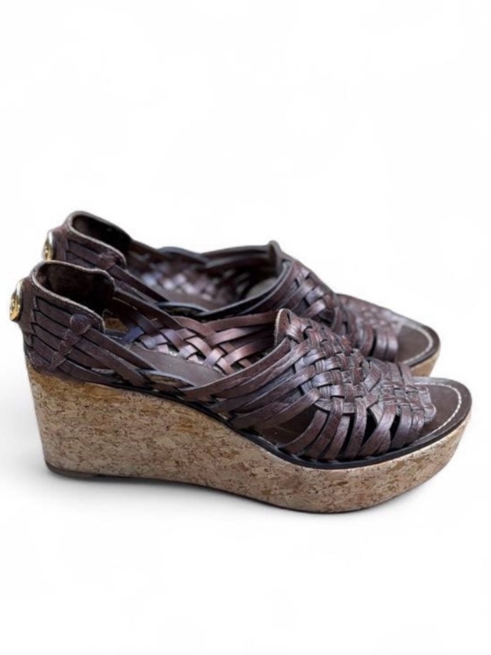 Tory Burch Killian Woven Leather Huarache Cork Wedge Sandals 7.5